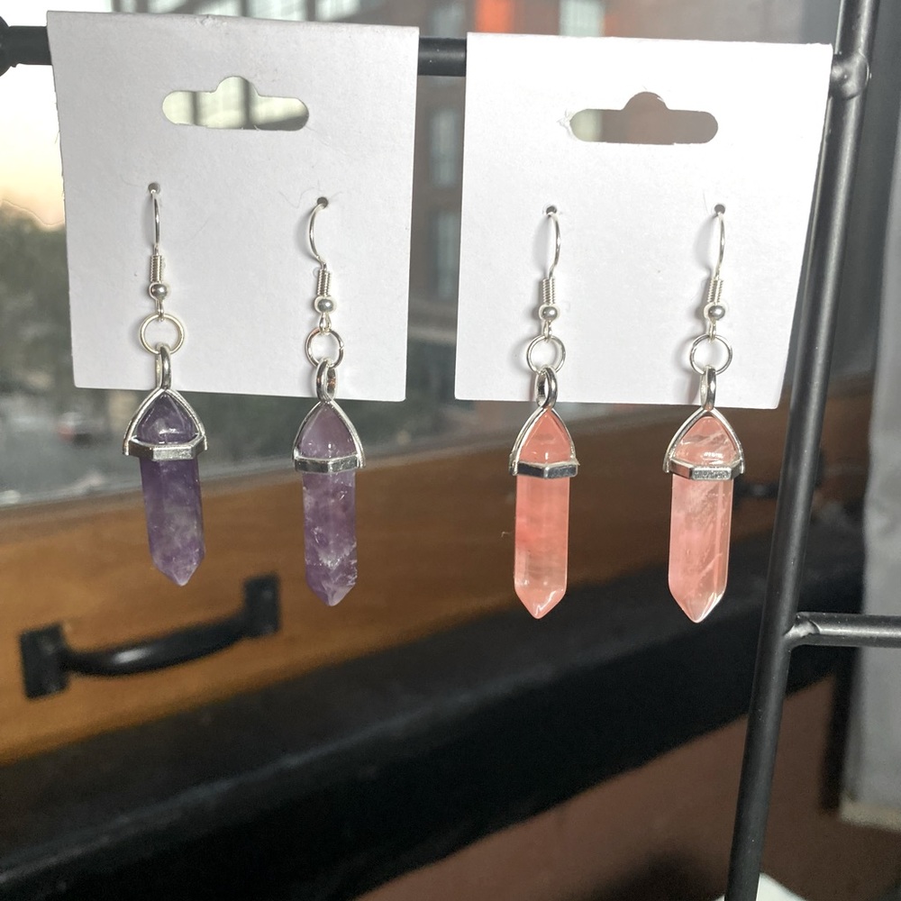 Handmade Stone Earrings (1) purple & (1) pink & (1) blue necklace